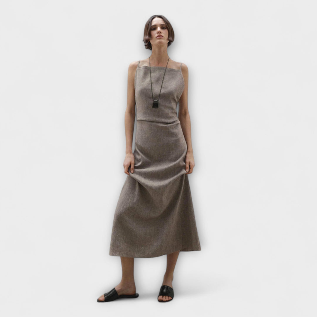 Clara - Graubraunes fliessendes Leinen-Maxikleid
