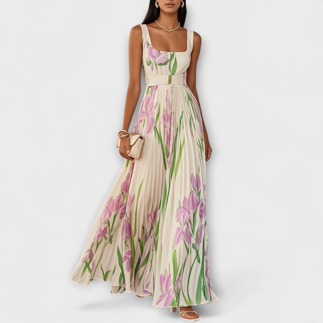 Penélope - Cremefarbenes Chiffon-Maxikleid mit Blüten