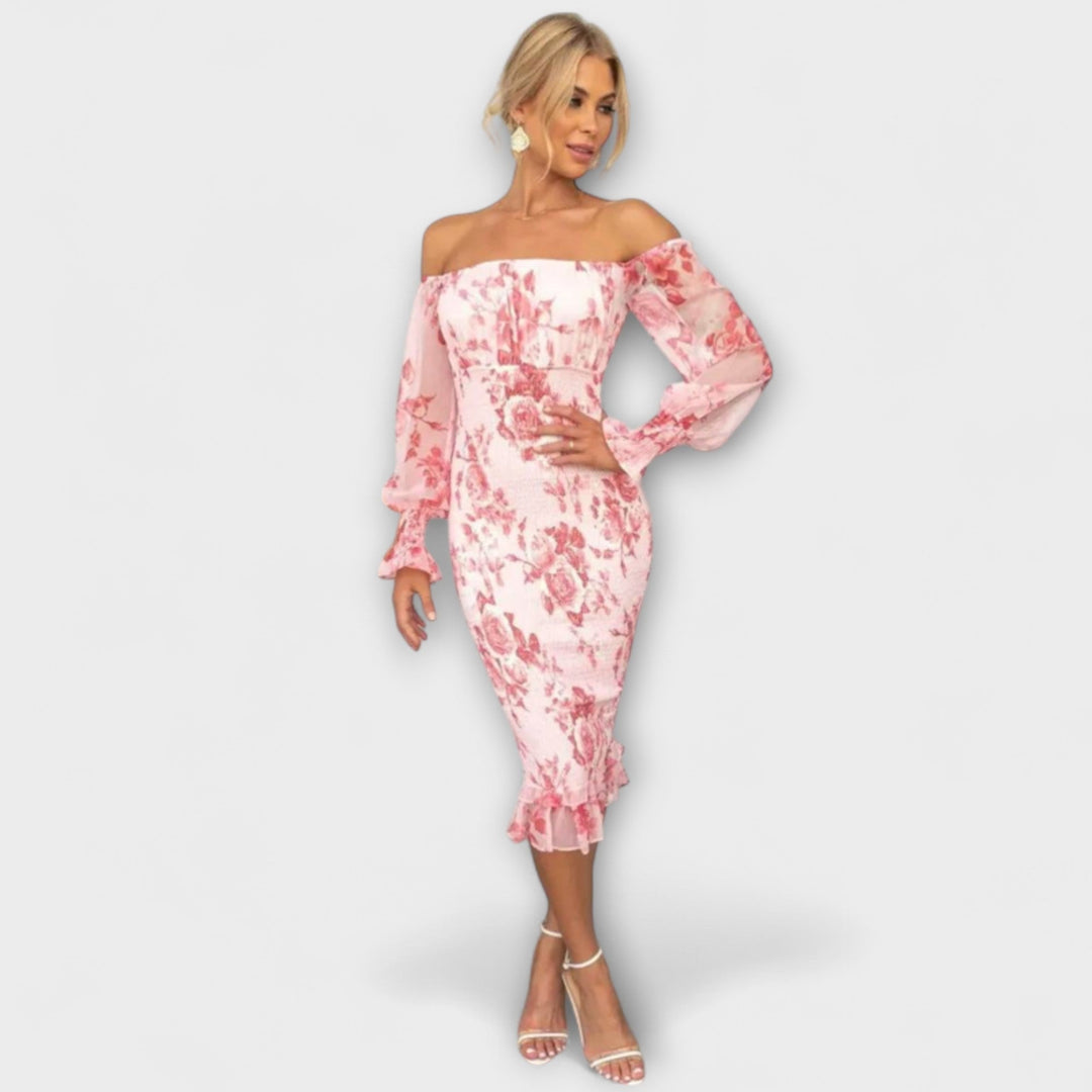Dahlia - Rosa Off-Shoulder-Midikleid mit Blütenmuster