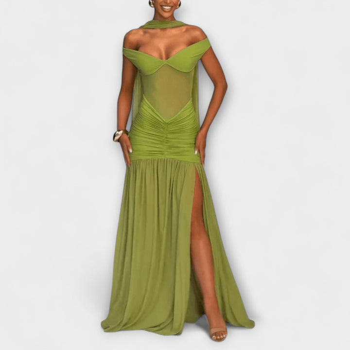 Nicole - Olivgrünes Maxikleid mit V-Ausschnitt
