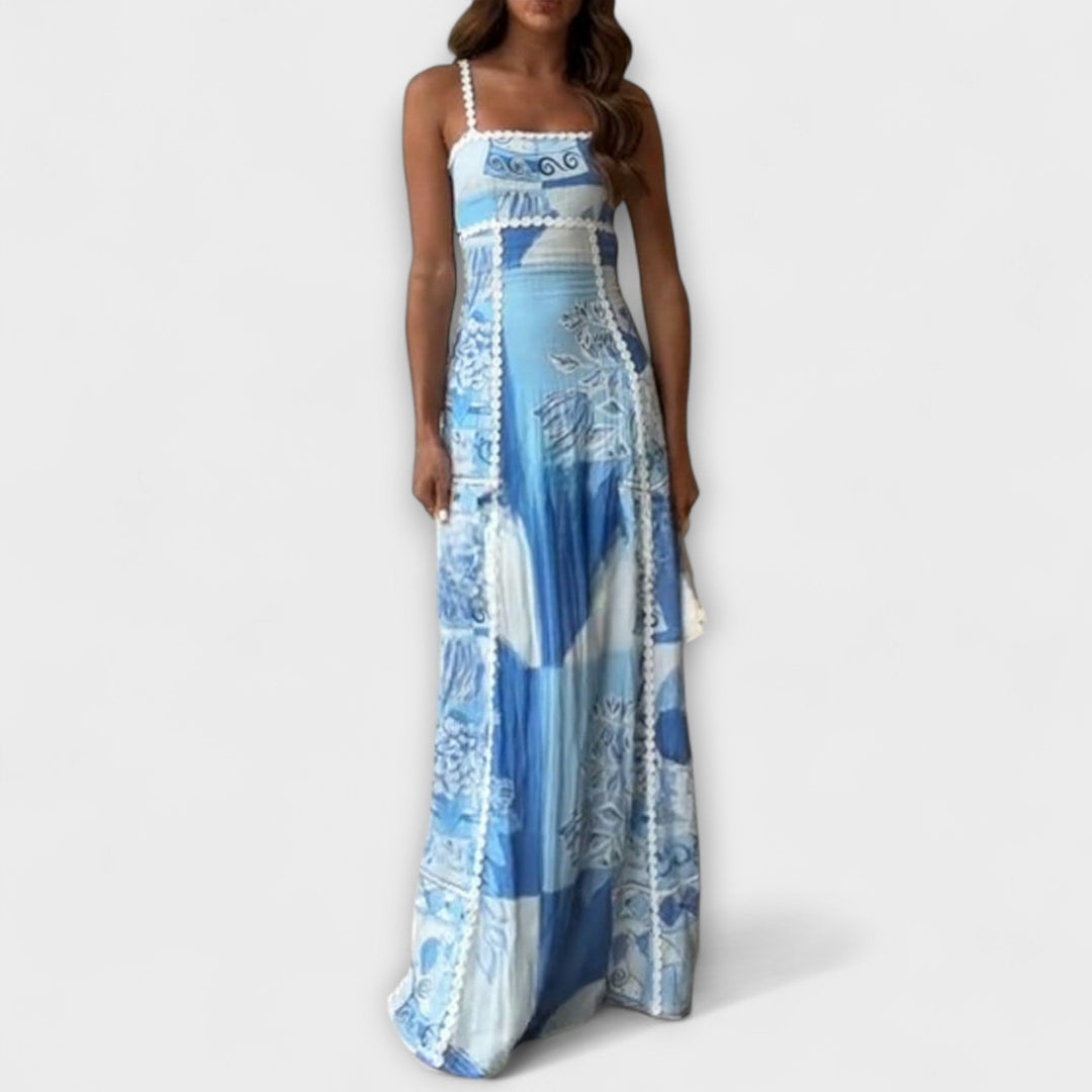 Terazza - Blau-weisses Leinen-Maxikleid mit Print