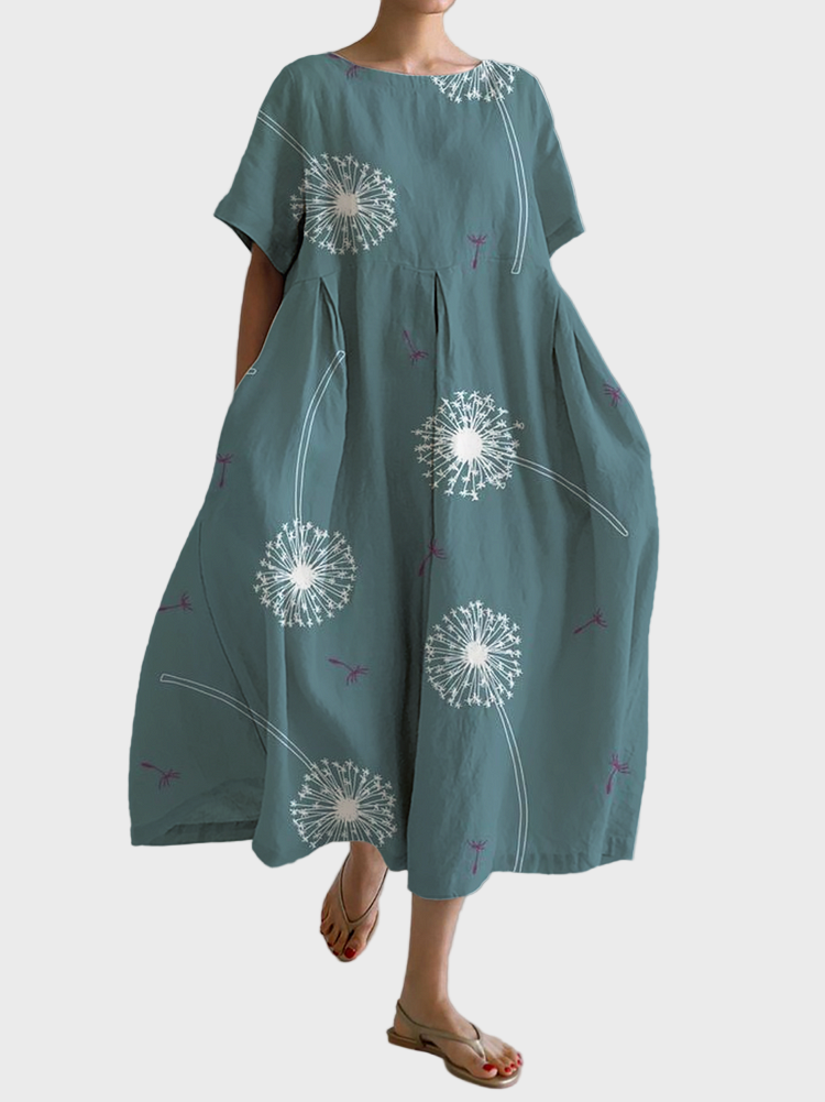 Petrolblaues Kleid mit Pusteblumen