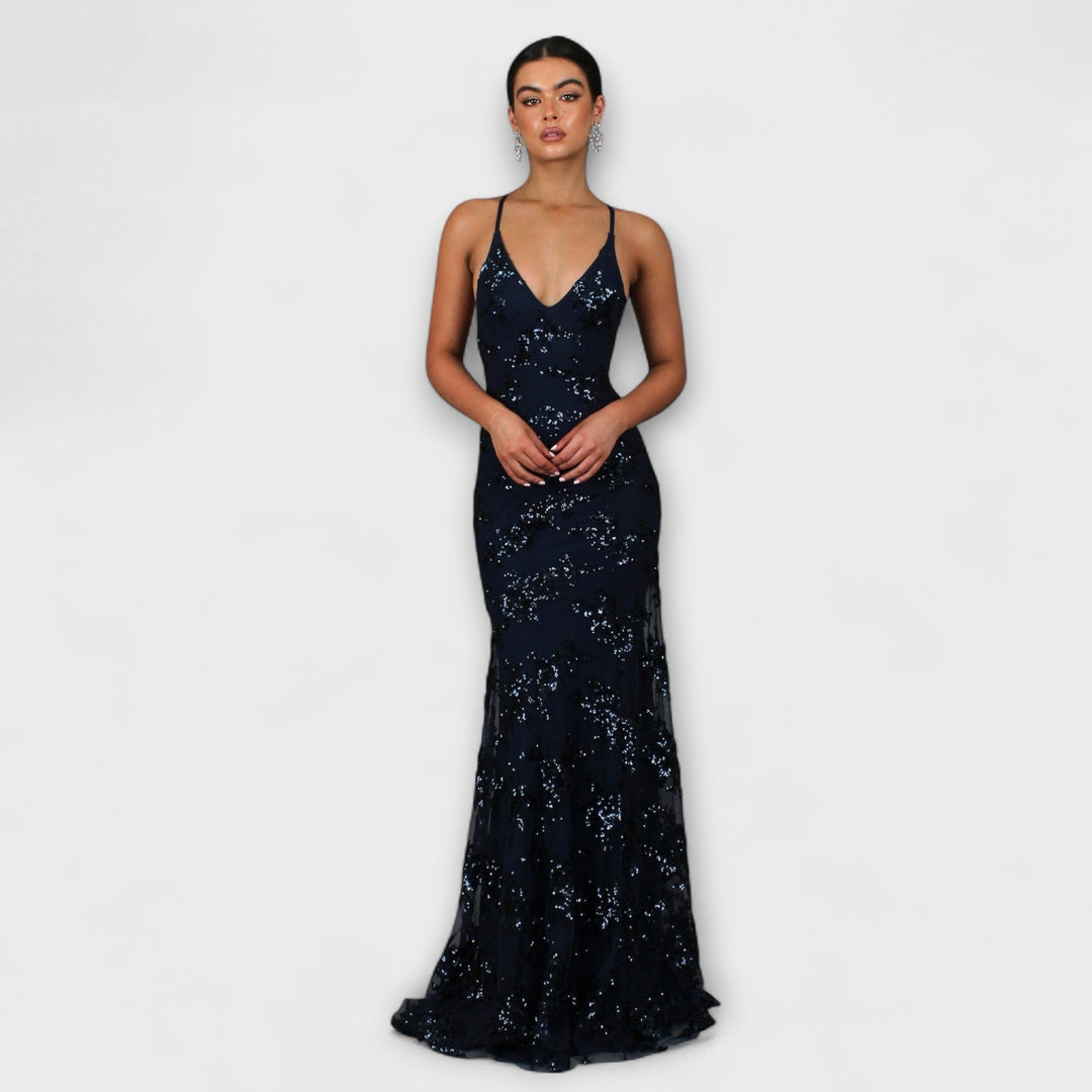 Zayla - Dunkelblaues Maxikleid mit Pailletten