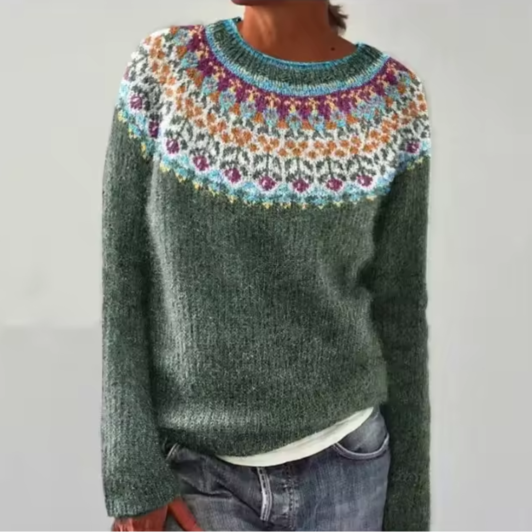 Susi | Grauer Retro-Pullover mit buntem Norweger-Muster