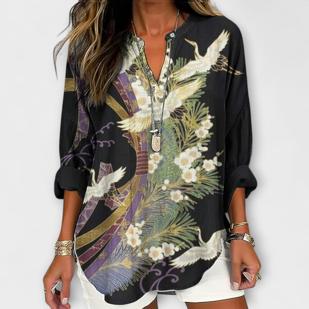 Ellie - Schwarze Bluse mit botanischem Muster