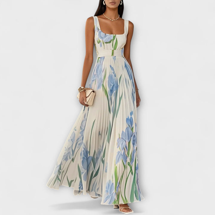 Gefaltetes florales Chiffon-Maxikleid in Creme